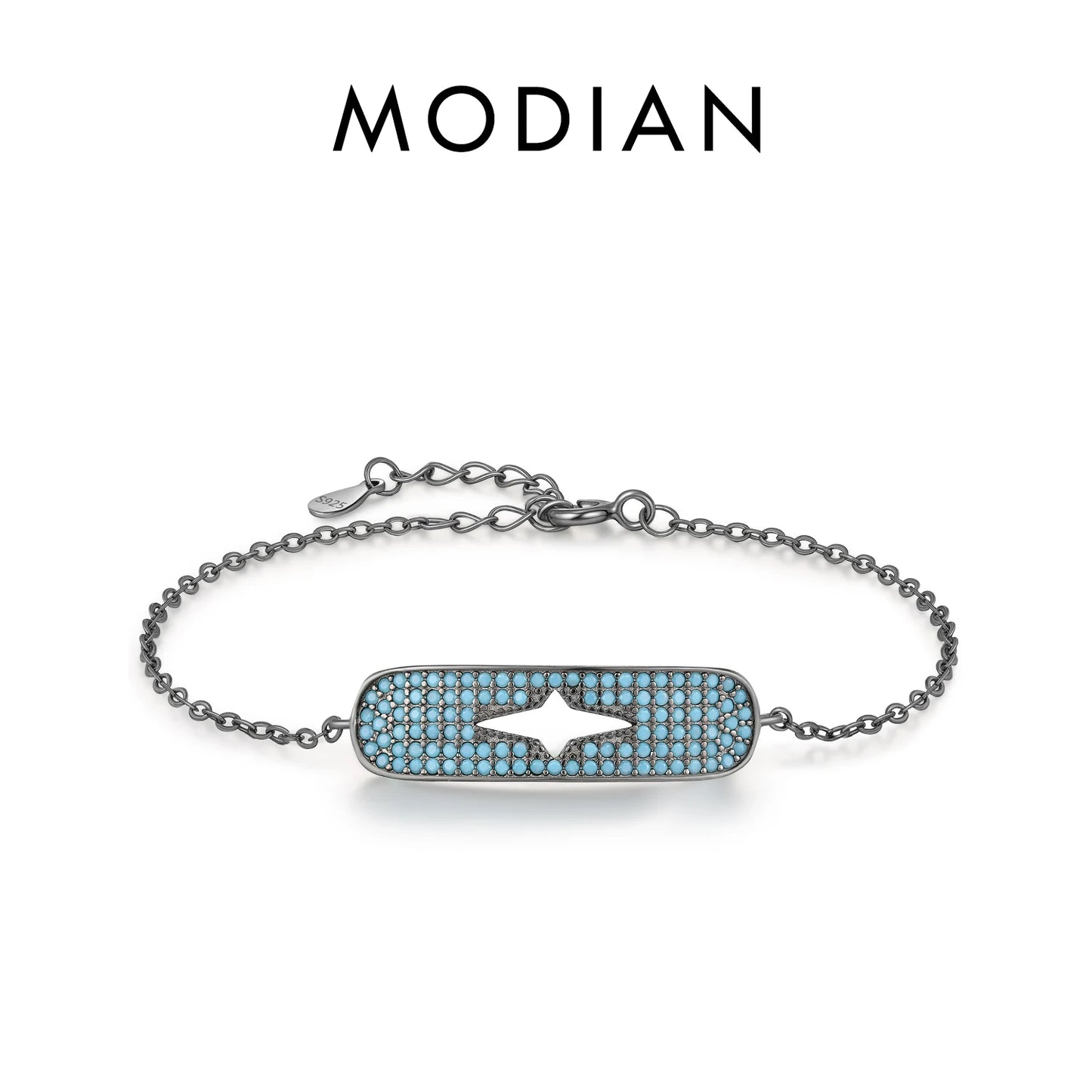 MODIAN 925 Sterling Silver Retro Synthetic Turquoise Geometric CZ Stars Palm Link Chain Bracelet For Women Punk Fine Jewelry