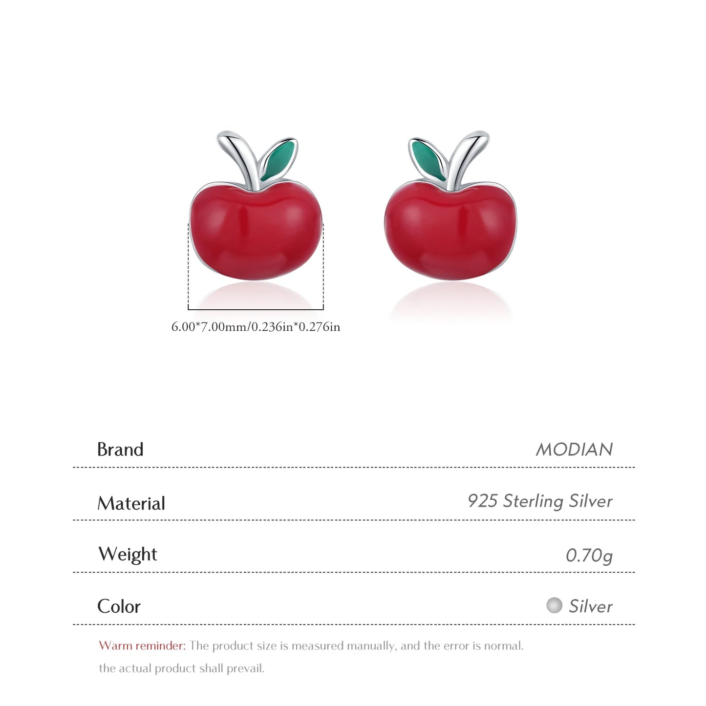 MODIAN 925 Sterling Silver Exquisite Cute Red Enamel Apple Small Stud Earrings For Women Party Fine Jewelry Christmas Gifts