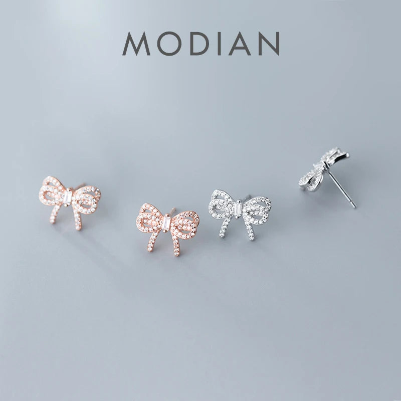 MODIAN Radiant Clear CZ Cute Bowknot Luxury Stud Earring for Women 925 Sterling Silver Wedding Engagement Ear Pin Fine Jewelry