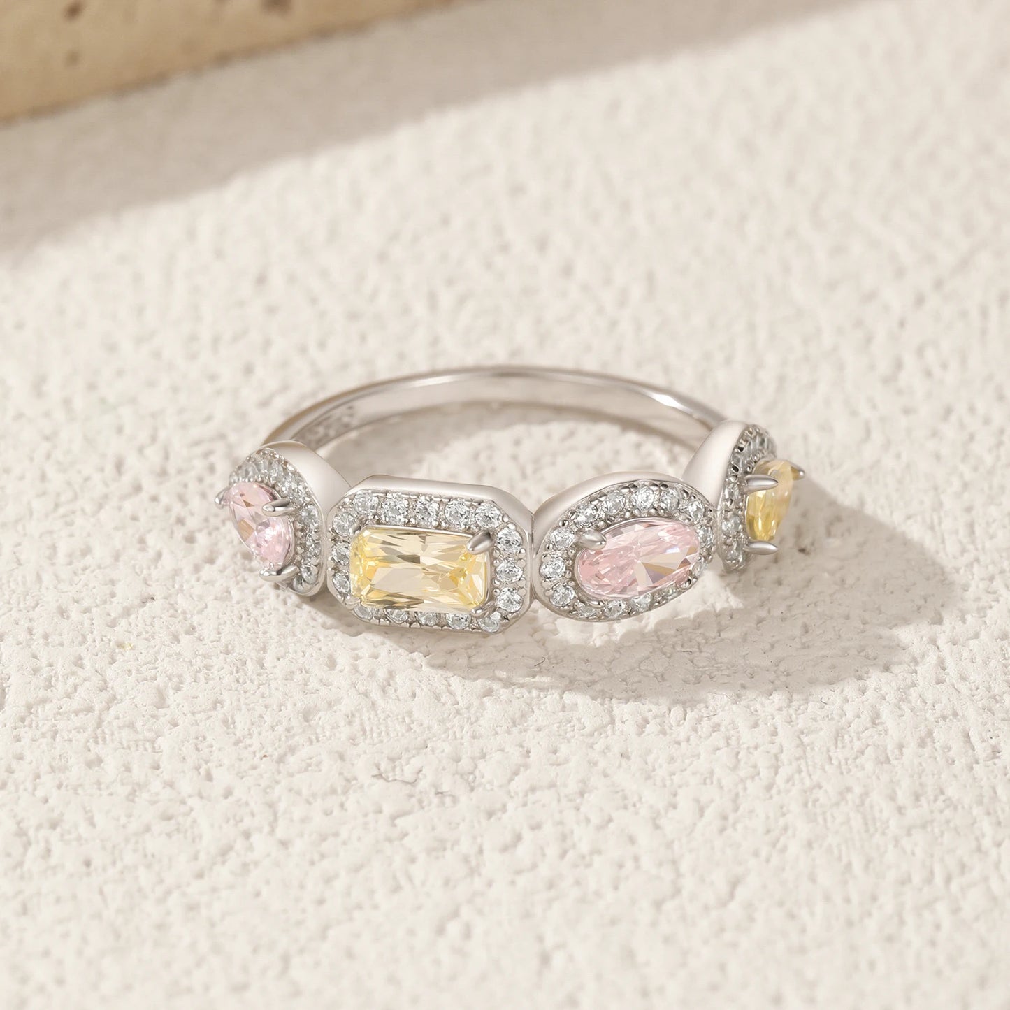 MODIAN 925 Sterling Silver Luxury Rectangle Pink & Yellow Ring Exquisite Sugar Cube Eternity Band Rings For Women Fine Jewelry