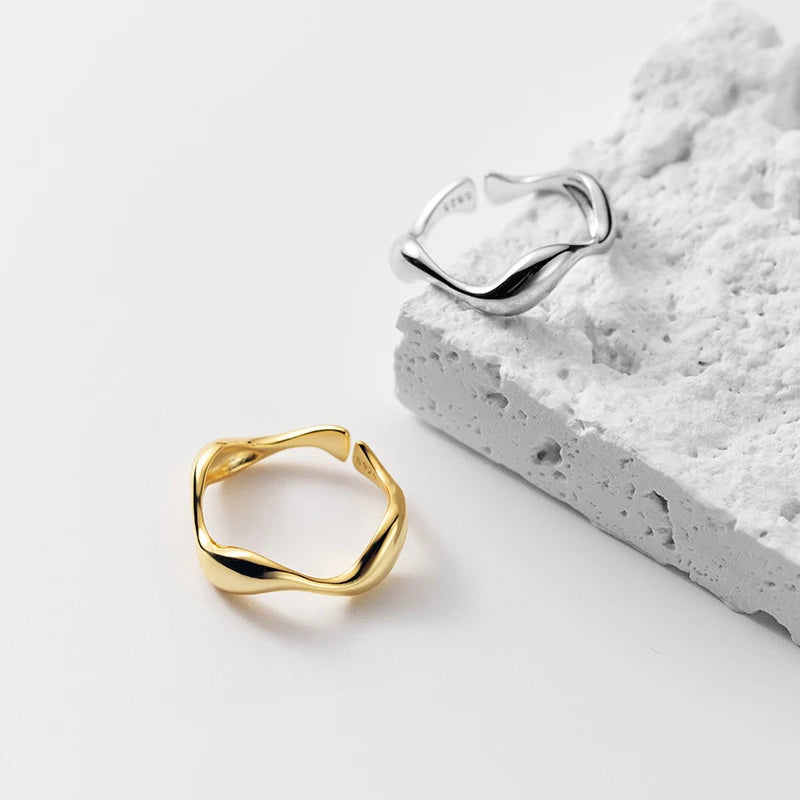 Anillo Modian de plata de ley 925 con diseño irregular de gota de agua, apilable, moderno, ajustable, tallas 6-9, para mujer.