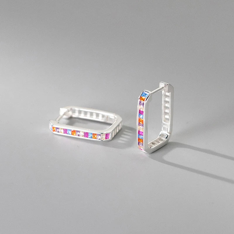 Pendientes de aro Modian de plata de ley 925 con circonitas de colores arcoíris, rectangulares, modernos, para mujer, para fiesta, boda, joyería fina.