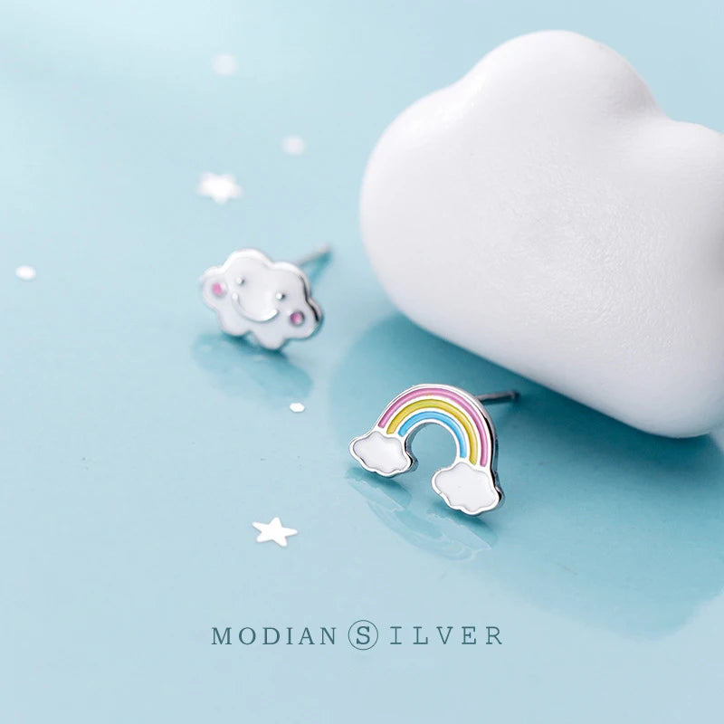 MODIAN - Pendientes asimétricos con diseño de nubes arcoíris y esmalte colorido para mujer, plata de ley 925, joyería fina, regalo para niños
