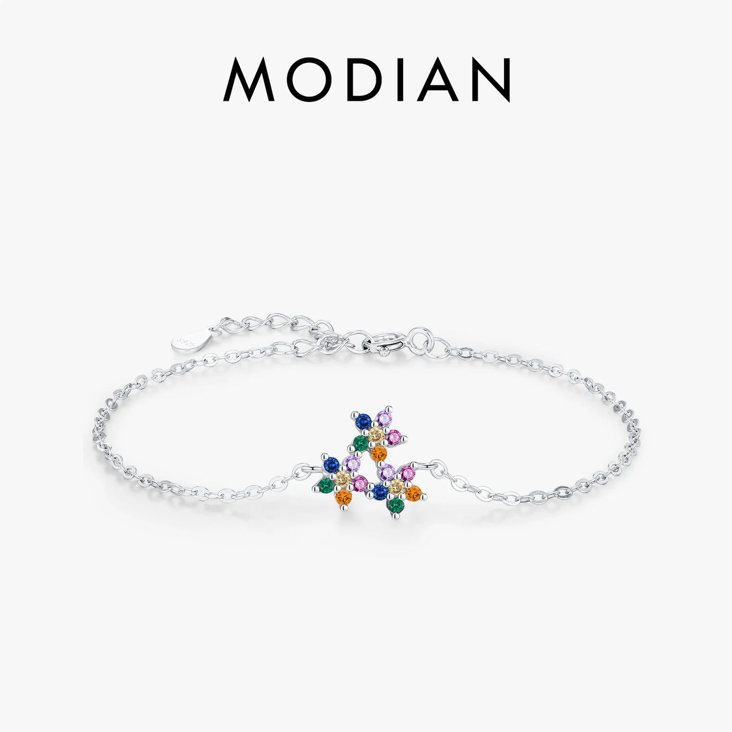 MODIAN 925 Sterling Silver Cute Rainbow Color Zirconia Three Small Flowers Link Chain Bracelets For Women Fine Jewelry