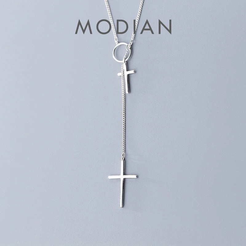 Modian Sterling Sliver 925 Fashion Simple Big Samll Cross Geometric Round Chain Pendant Necklace for Women Fine Jewlry Girl Gift