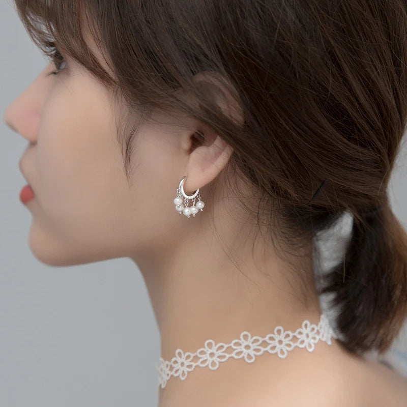 Modian 100% 925 Sterling Silver Charm Circle Elegant Swing Pearl Female Hoop Earrings For Women Wedding Engagement Jewelry