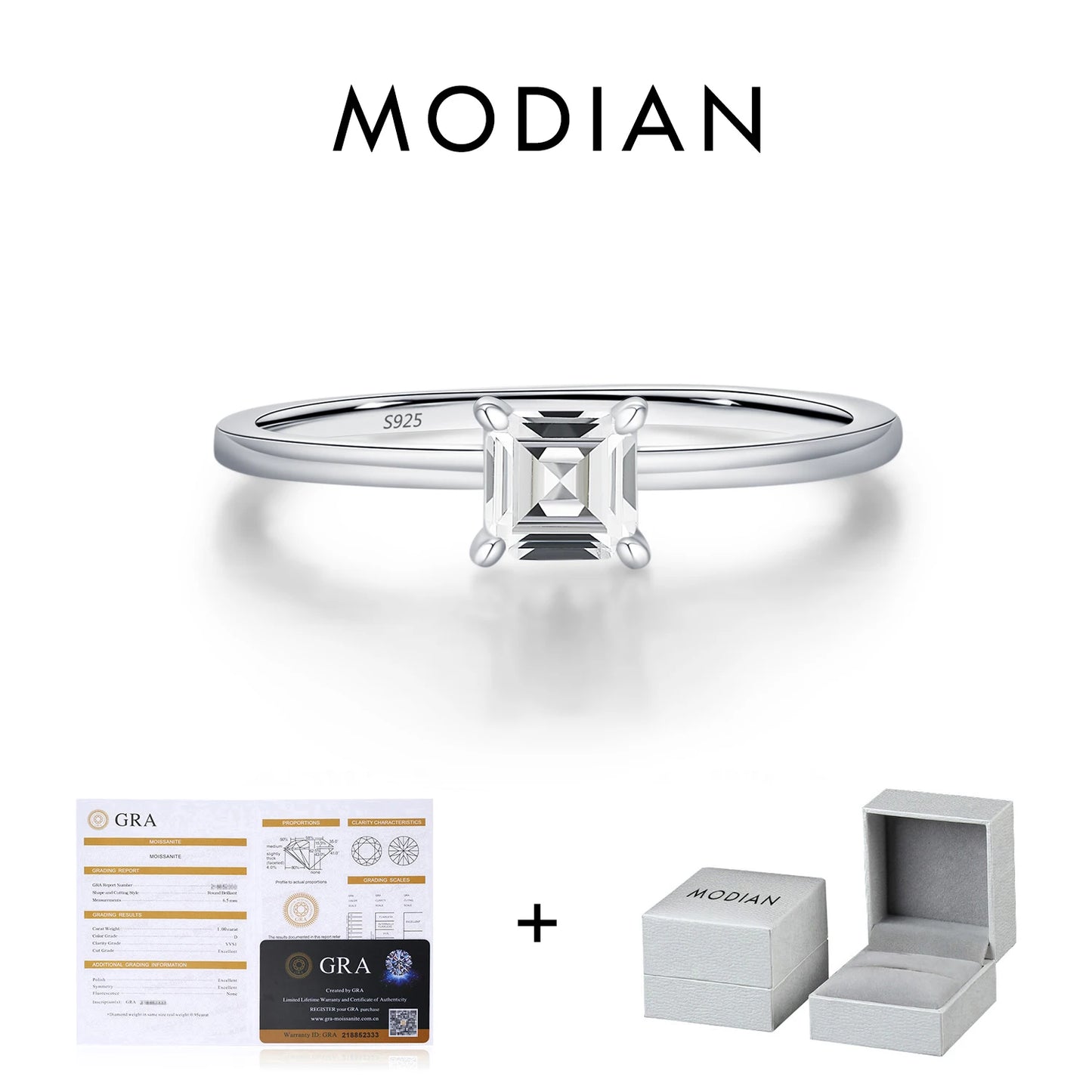 MODIAN Emerald Cut D Color Square Moissanite 925 Sterling Silver Classic Finger Rings For Women Wedding Statement Jewelry
