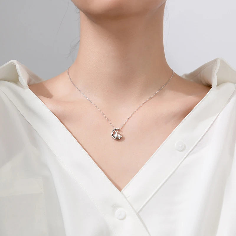 Gargantilla Modian Charm de plata de ley 925 auténtica con forma de luna y conejo para mujer y niña, regalo antialérgico.