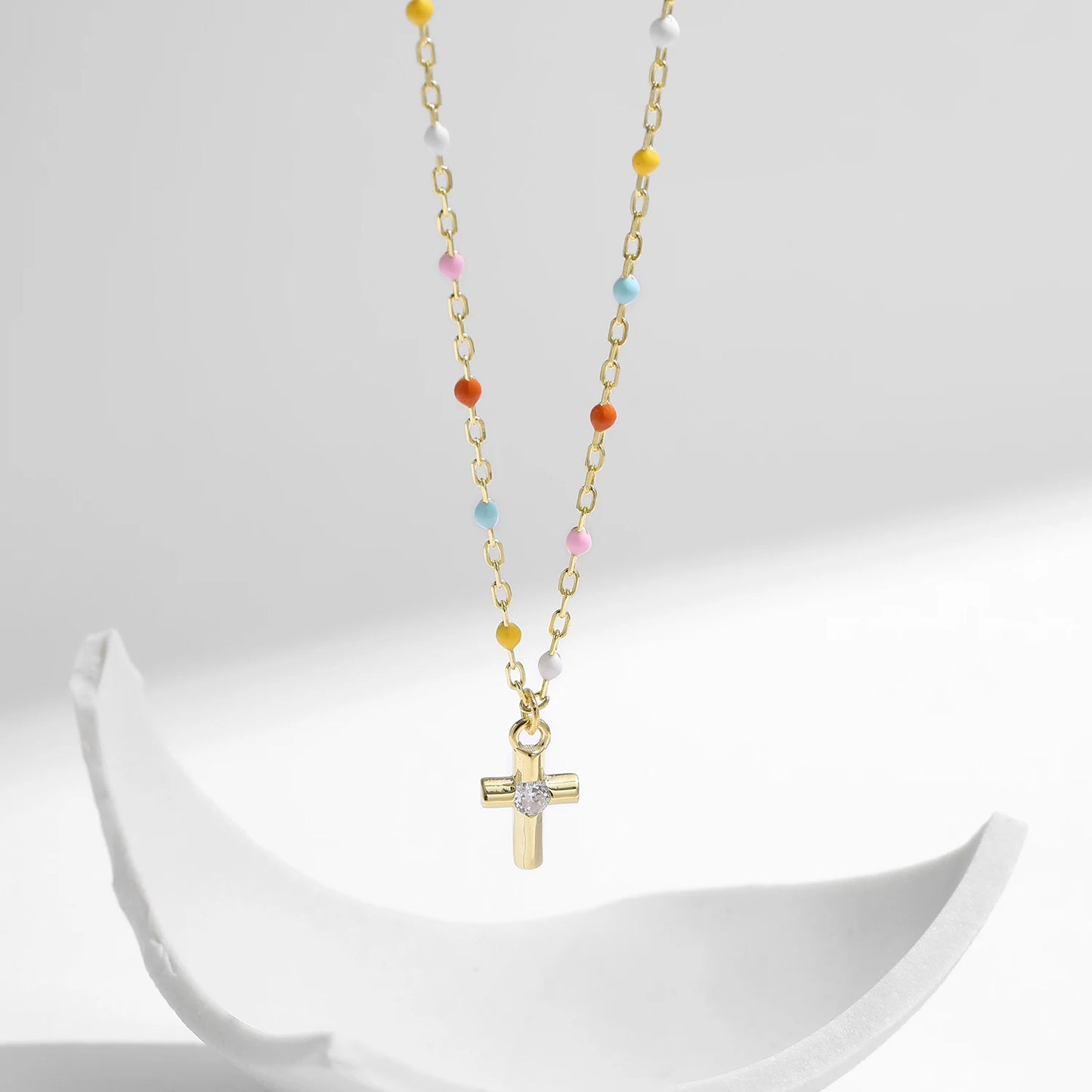 MODIAN 925 Sterling Silver Delicate Cross Pendant Necklace Colorful Enamel Beads Chain Necklace for Women Party Dainty Jewelry