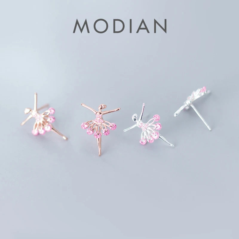 MODIAN - Pendientes de botón con diseño de hada de ballet y cristal rosa para mujer, plata de ley 925, joyería fina