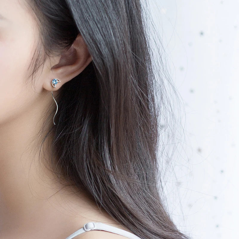 Pendientes clásicos Modian con borlas de cadena larga para mujer, plata de ley 925 auténtica, cristales azules transparentes, estrellas y luna, joyería de regalo