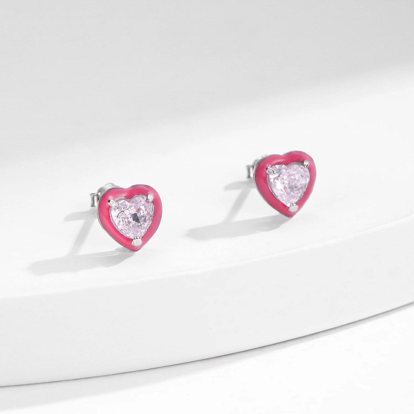 MODIAN 925 Sterling Silver Luxury Cute Pink Enamel Heart Crushed Ice Cut Zircon Romantic Stud Earrings For Women Fine Jewelry