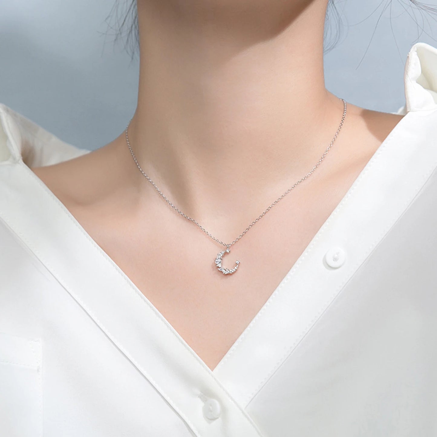 Collar con colgante de luna irregular de plata de ley 925, joyería de plata de ley a la moda, collar con dije de circonita cúbica, cadena para mujer