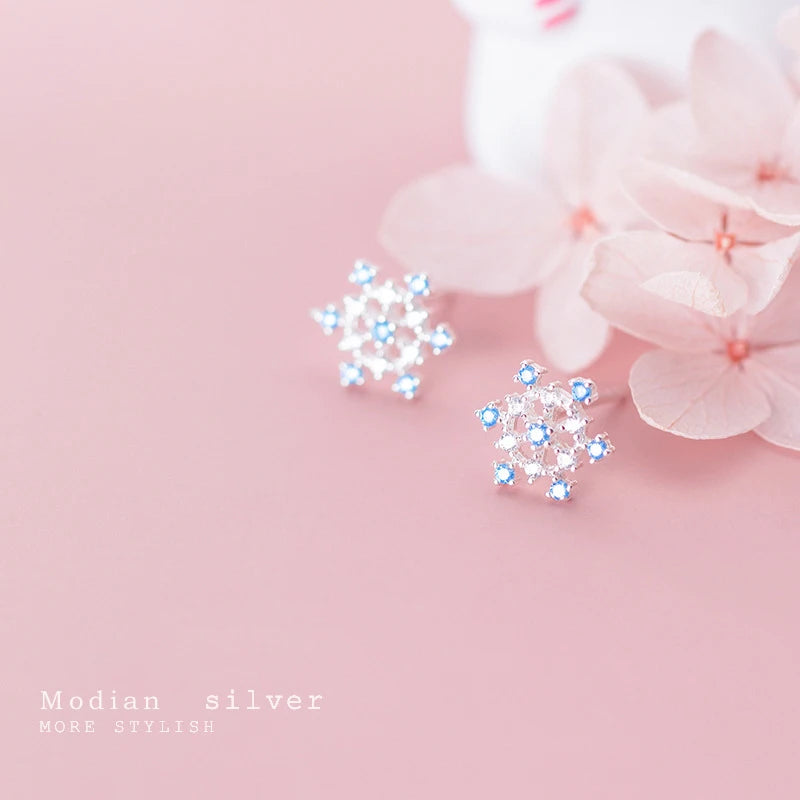 MODIAN - Pendientes de copo de nieve de cristal azul para mujer, plata de ley 925, 3 colores, joyería fina