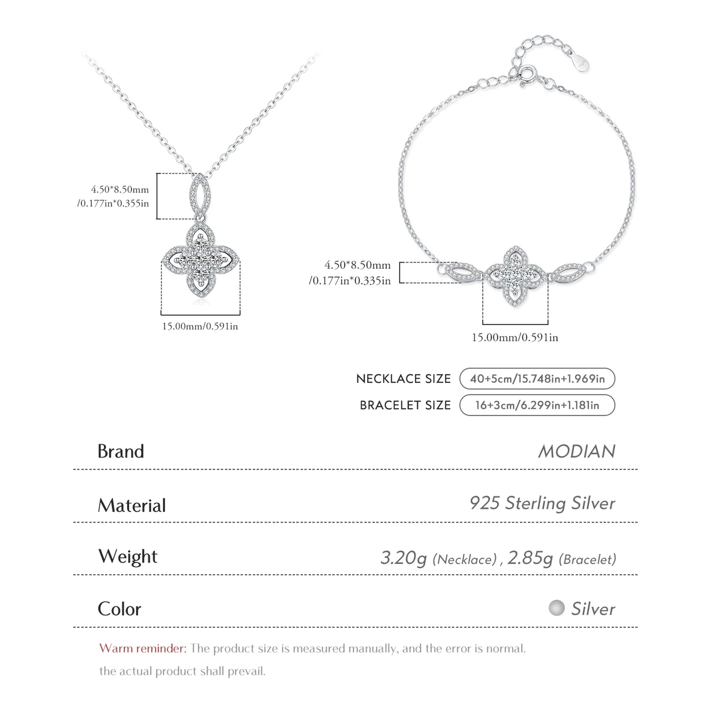 MODIAN 925 Sterling Silver Luxury Flowers Pendant Necklace Classic Daily Wear Jewelry Sets For Women Fine Bracelet