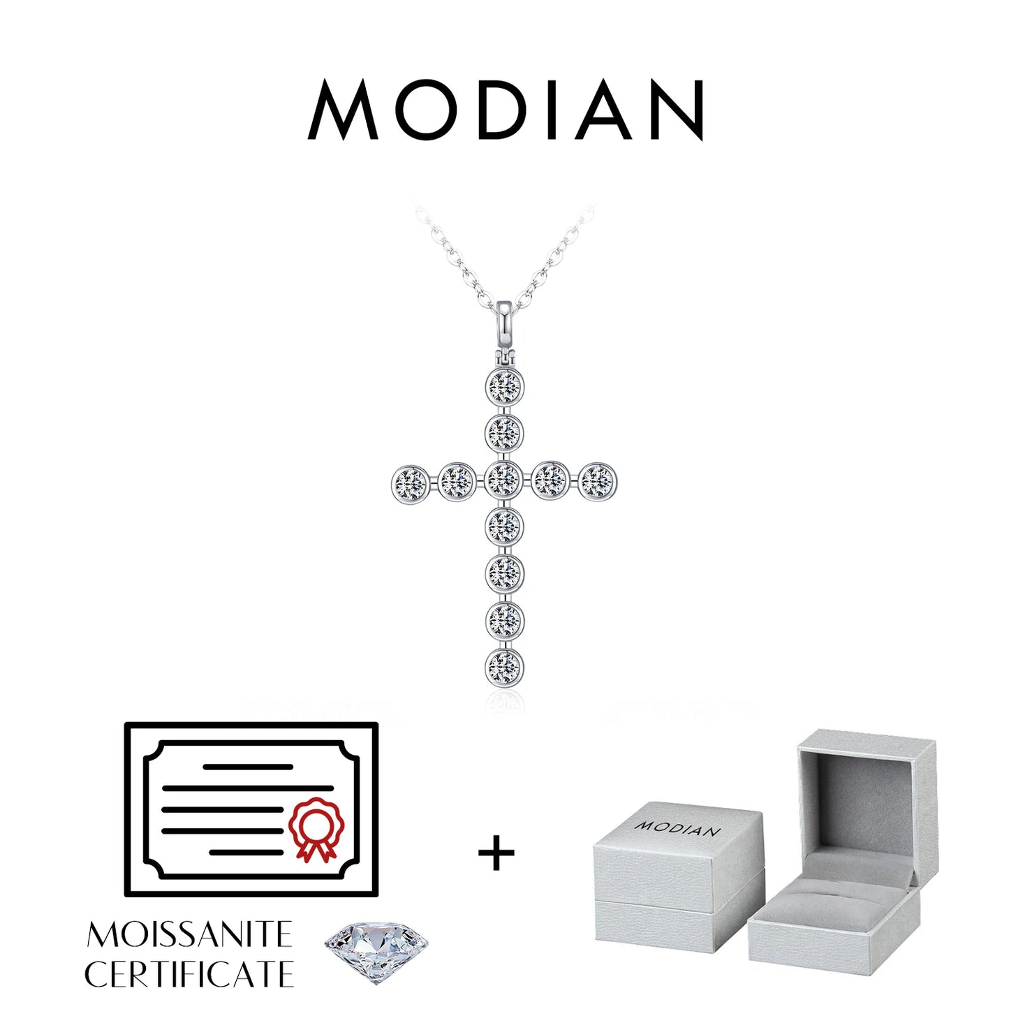 Collar con colgante clásico de lujo de plata de ley 925 con cruz de bisel de moissanita a todo color MODIAN D para mujer, joyería fina