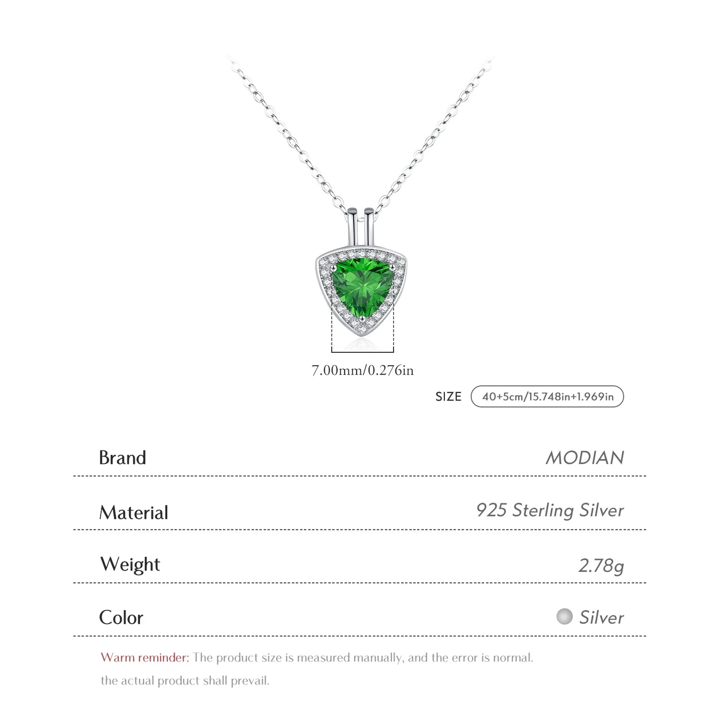 MODIAN Luxury Link Chain Necklace 925 Sterling Silver Elegant Triangle Green CZ Pendant Necklace For Women Fine Jewelry