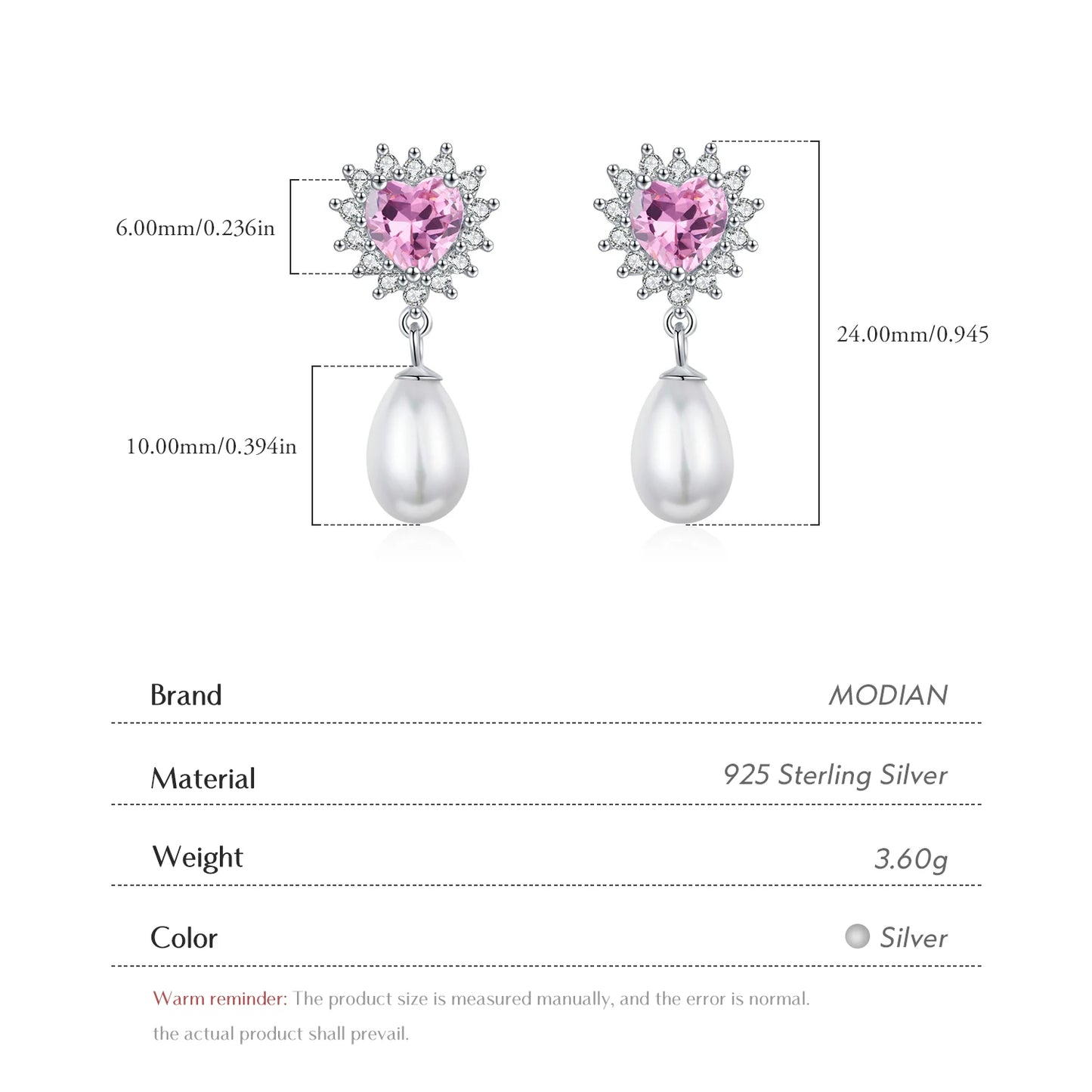 Pendientes MODIAN de plata de ley 925 con forma de corazón y circonita rosa, románticos y elegantes, con forma de concha y perla, para mujer, joyería fina.