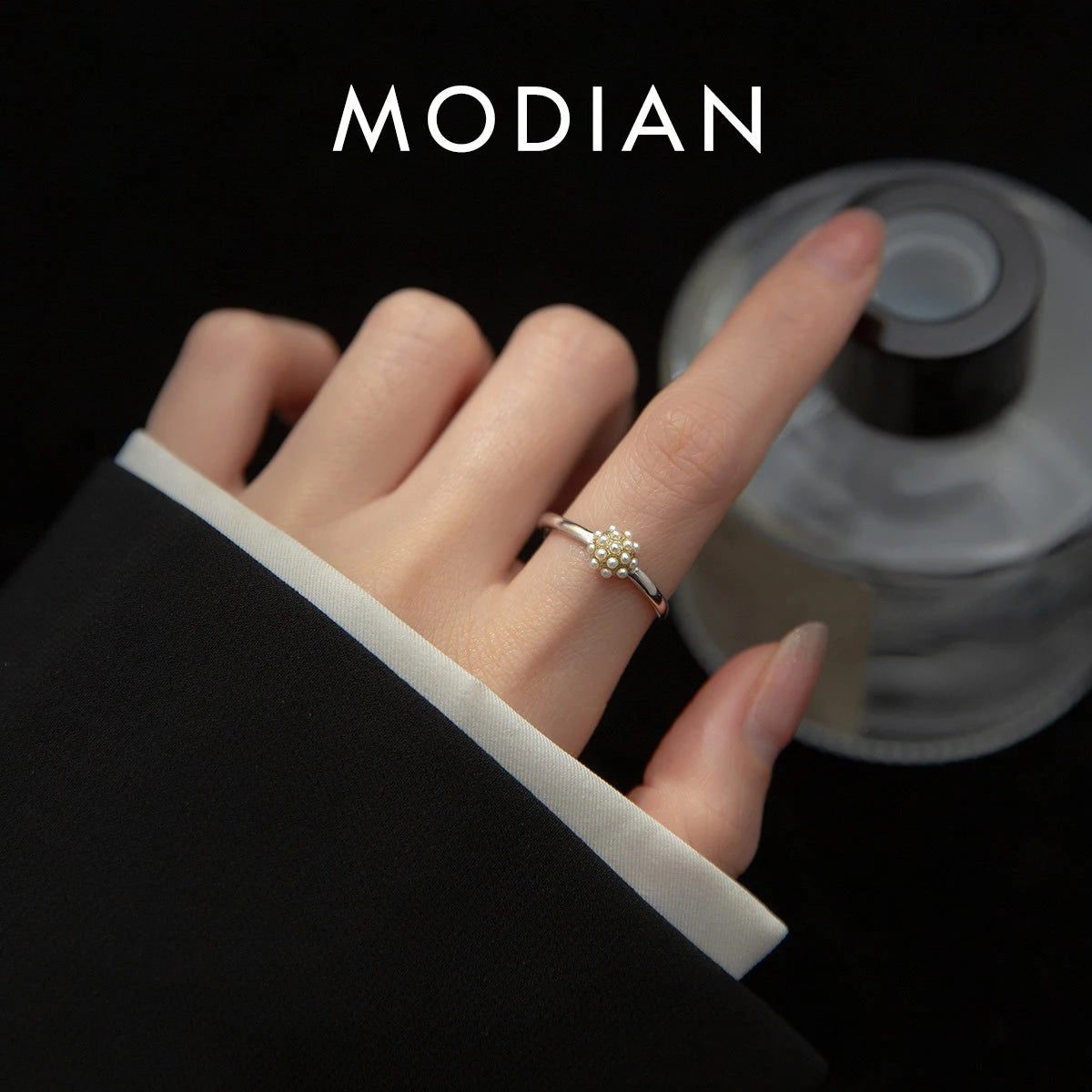 Anillos de dedo MODIAN de plata de ley 925 auténtica con perlas redondas elegantes para mujer, anillos ajustables, joyería de aniversario y compromiso.