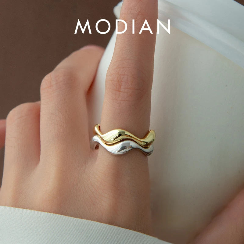 Anillo Modian de plata de ley 925 con diseño irregular de gota de agua, apilable, moderno, ajustable, tallas 6-9, para mujer.