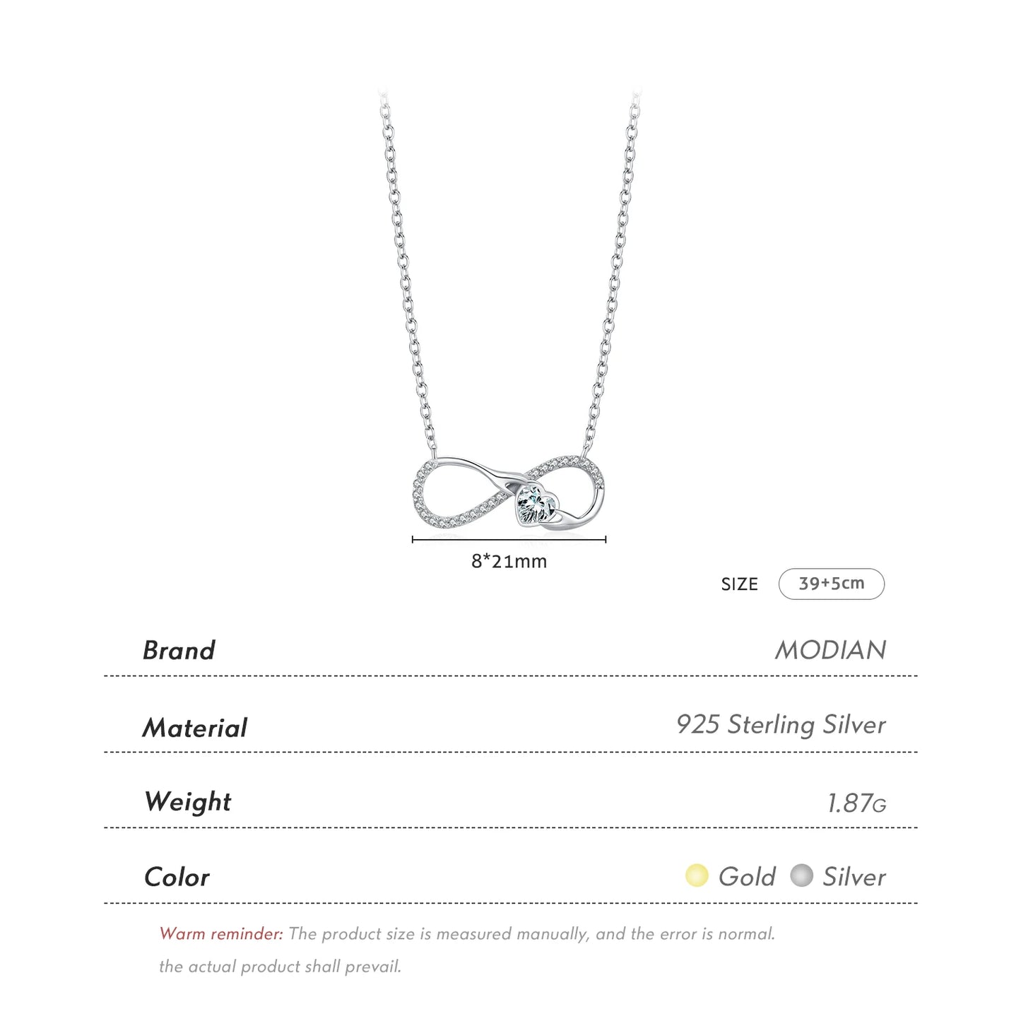 Collar MODIAN de plata de ley 925 con colgante de corazón de amor infinito y romántico para mujer, joyería de aniversario