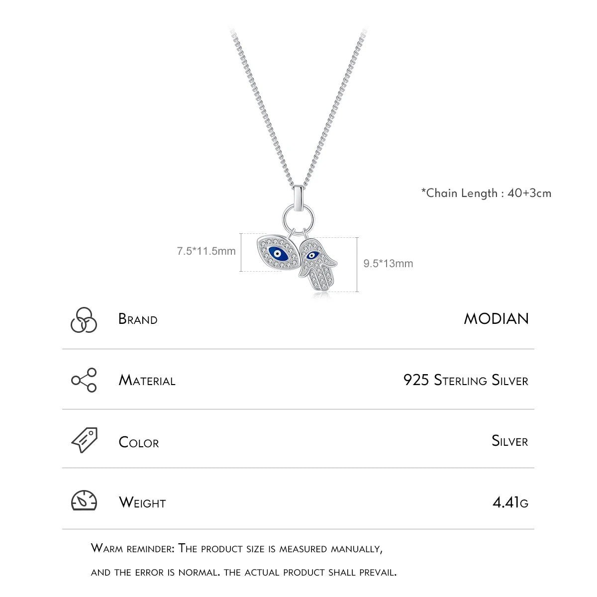 Collar con colgante de circonita transparente con ojos de la mano de Fátima de MODIAN en plata de ley 925, cadena de la suerte para mujer, joyería fina