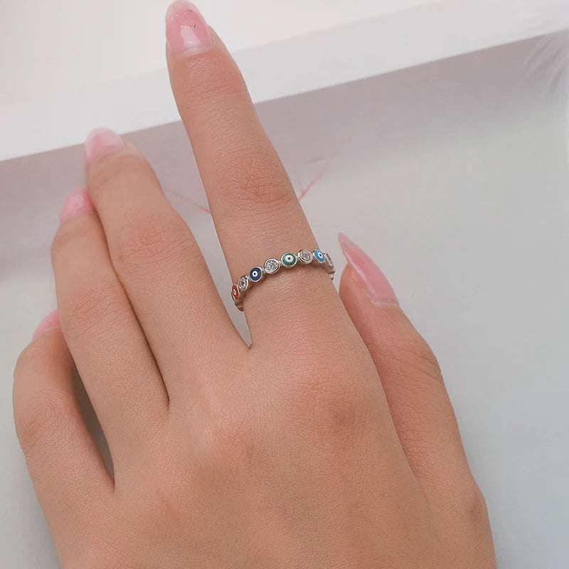 Anillos de dedo MODIAN de plata de ley 925 con delicados ojos esmaltados de color arcoíris y apilables para mujer, joyería de moda con circonita cúbica transparente brillante.