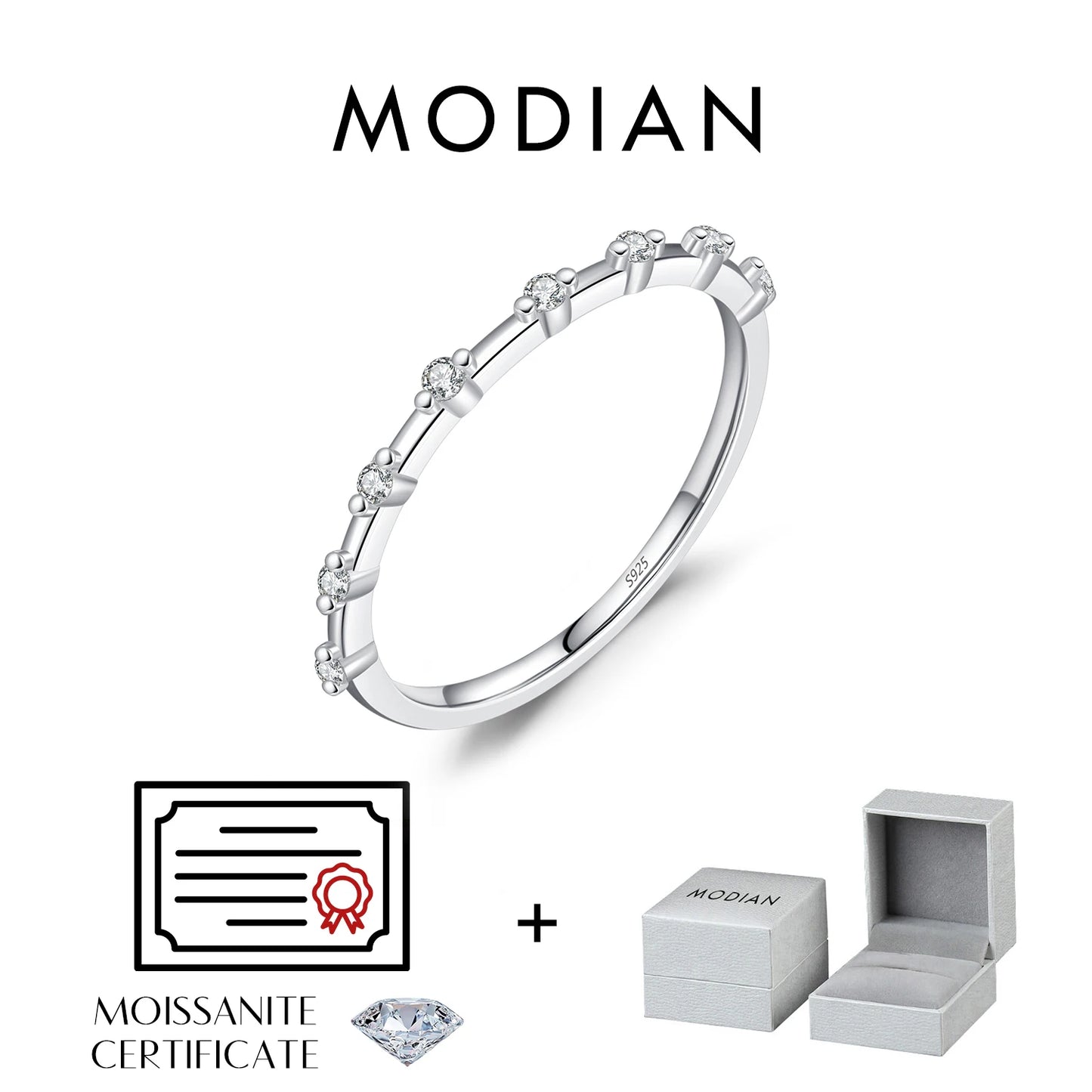Anillo de boda de moissanita color D de MODIAN, plata de ley 925, anillo de eternidad con diamantes de laboratorio, apilable, exquisita joyería para mujer, regalo
