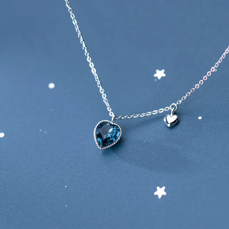 Collar con colgante de plata de ley 925 auténtica con corazones románticos de cristal azul profundo de Modian para mujer, joyería fina, regalo para novias.