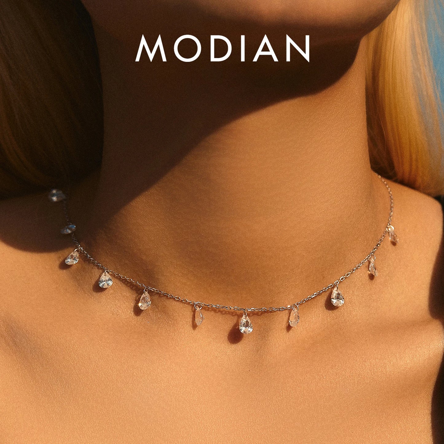 Gargantilla apilable de plata de ley 925 MODIAN para clavícula, collar con circonita brillante para mujer, joyería fina