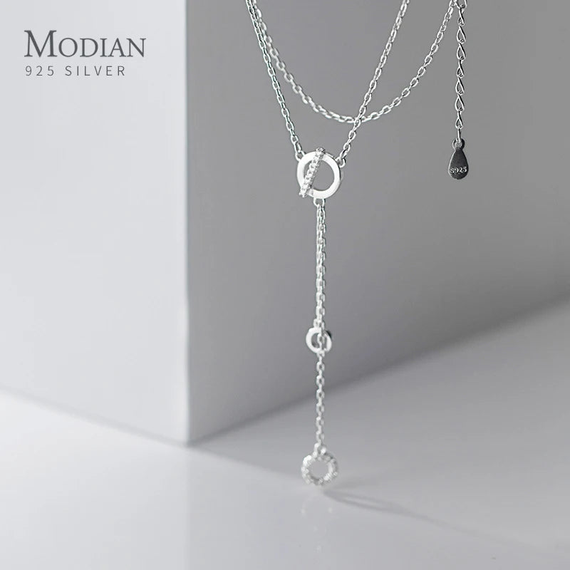 Collar con colgante de cadena de eslabones de circonita transparente redonda de plata esterlina 925 auténtica de Modian, collar de plata de moda para mujer, joyería fina.