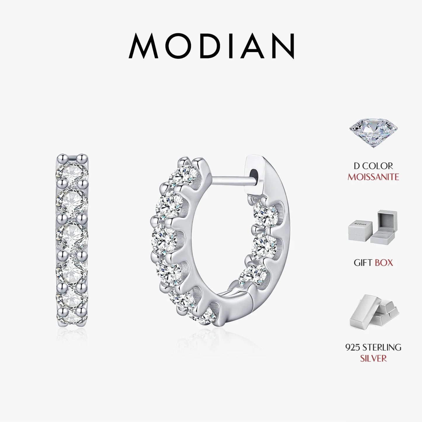 MODIAN D Color Round Moissanite Ear Buckle 925 Sterling Silver Classic Simple Hoop Earrings For Women Party Fine Jewelry Gifts