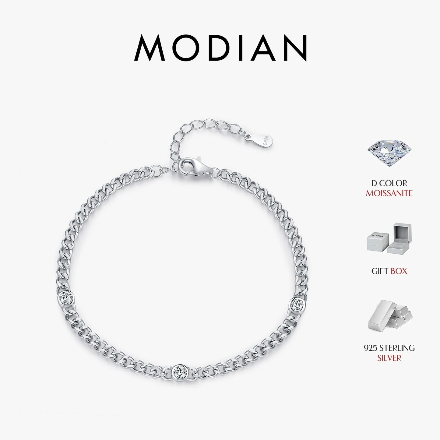 Pulsera trenzada de moissanita redonda de color D chapada en oro blanco MODIAN, plata de ley 925 VVS1, delicada joyería ajustable, regalos
