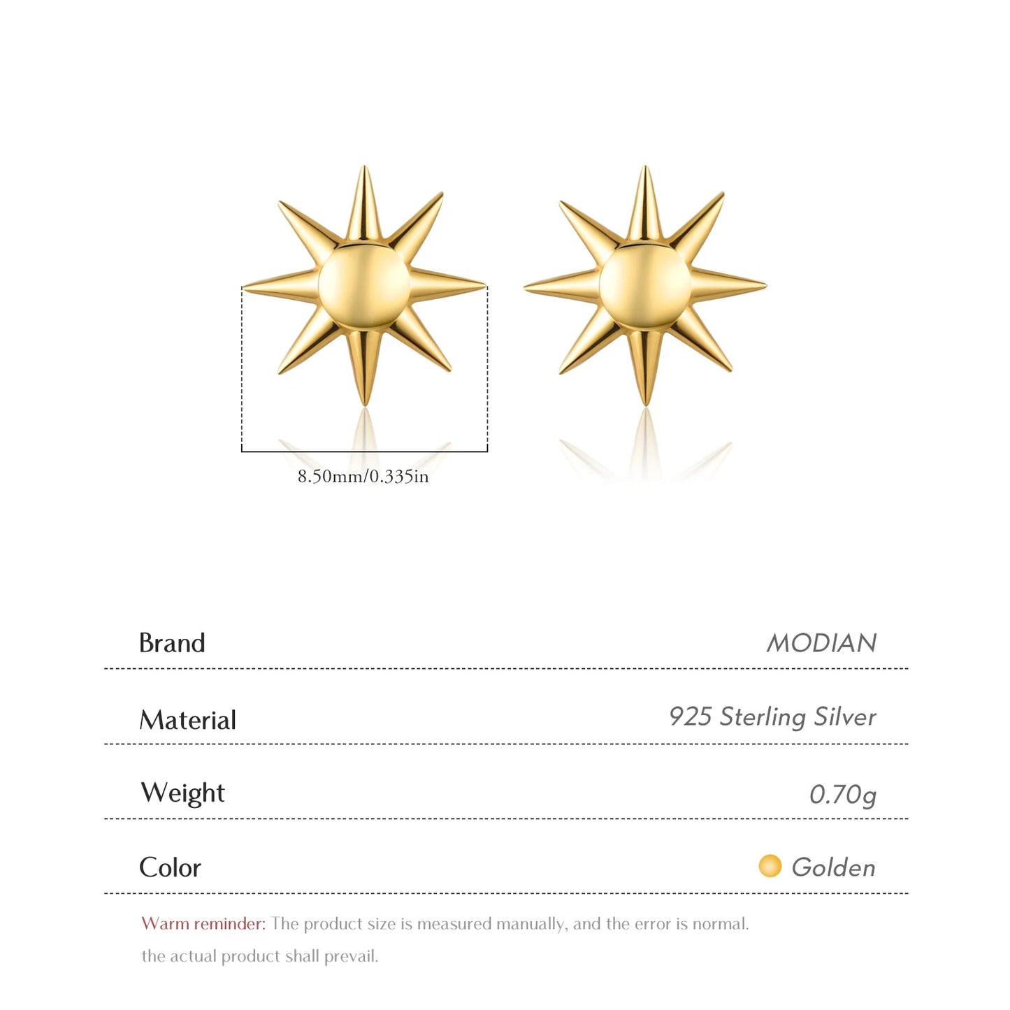 Pendientes MODIAN de plata de ley 925 con diseño de sol, color dorado, unisex, para hombre y mujer, joyería fina