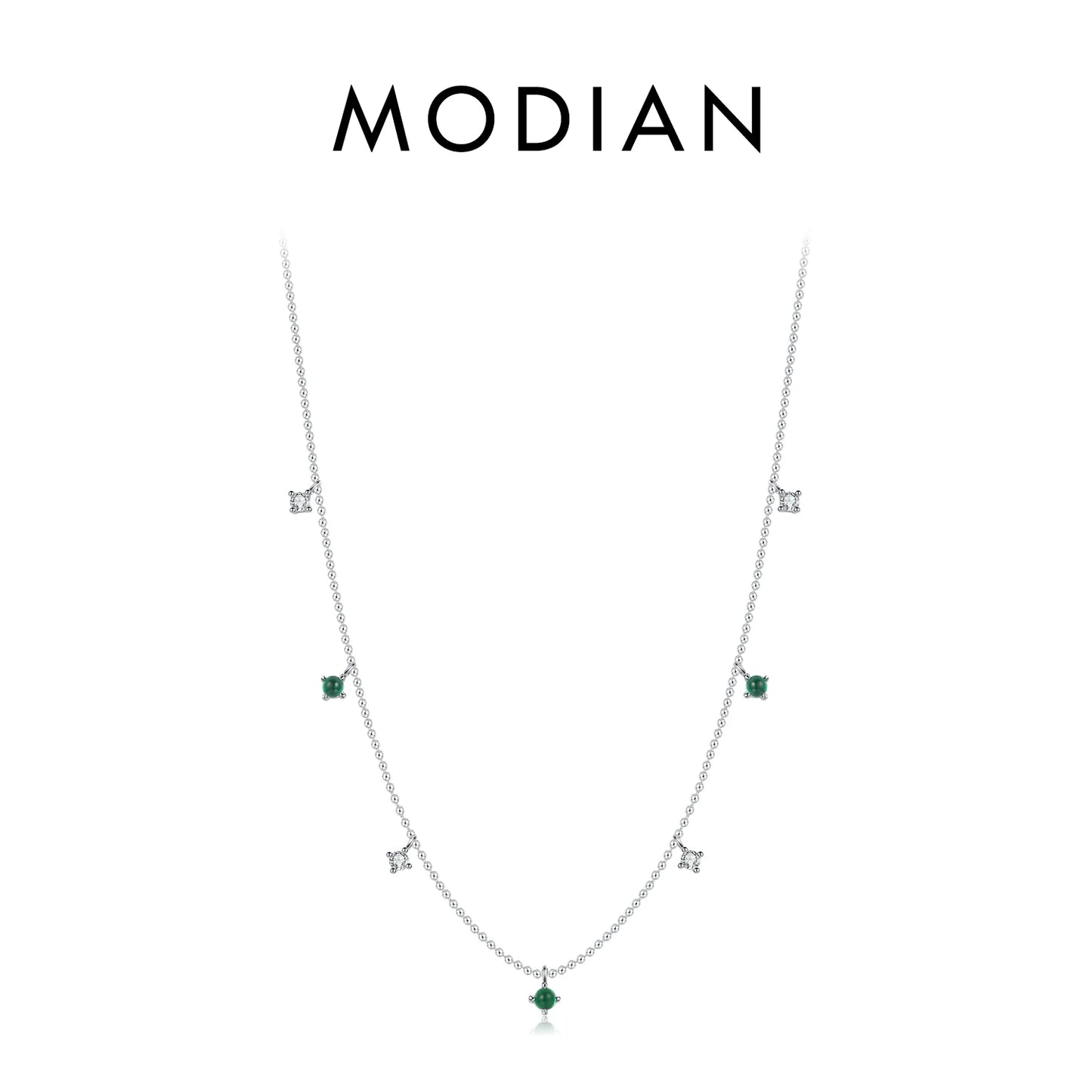 MODIAN Real 925 Sterling Silver Charm Green CZ Round Small Pendant Necklace Trendy Link Chain For Women Anniversary Jewelry Gift