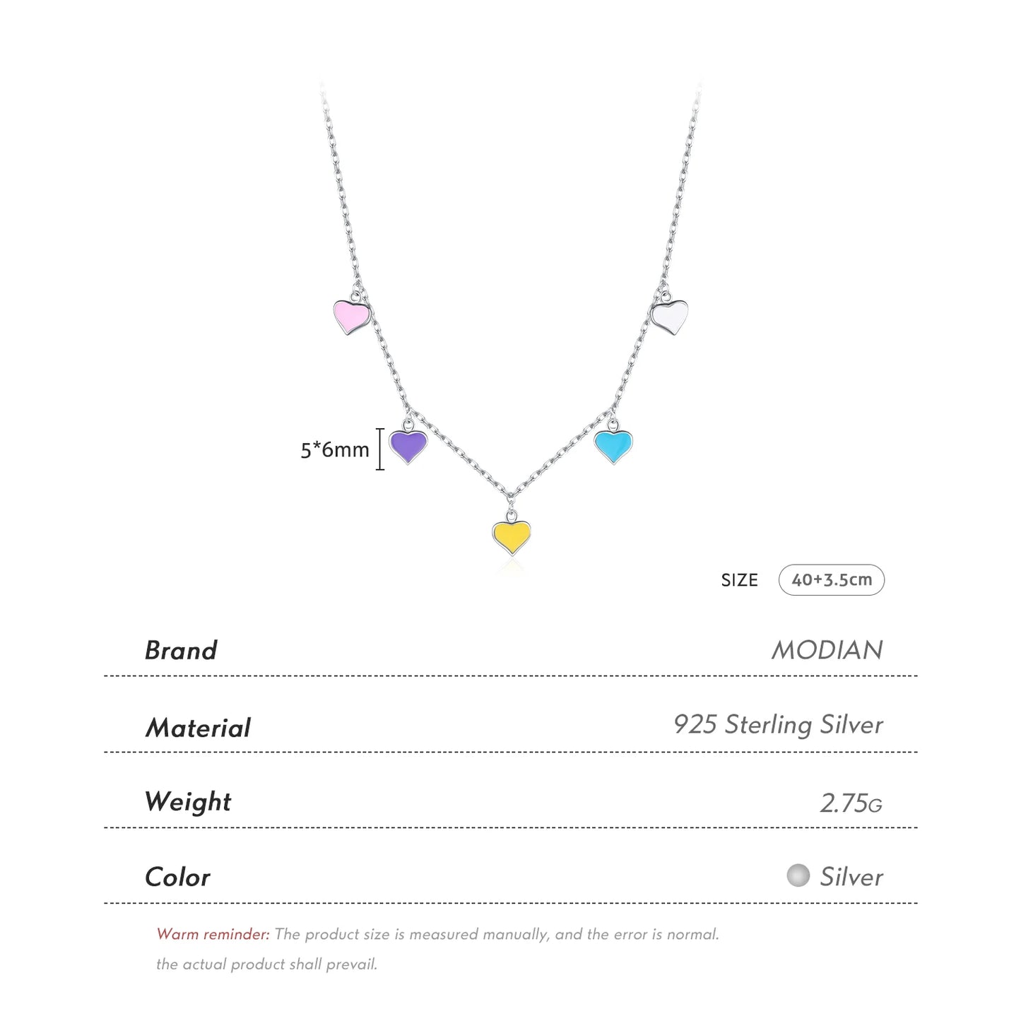 Collar con colgante de corazón esmaltado de colores arcoíris de plata esterlina 925 maciza MODIAN, cadena de eslabones ajustable para mujer, joyería fina