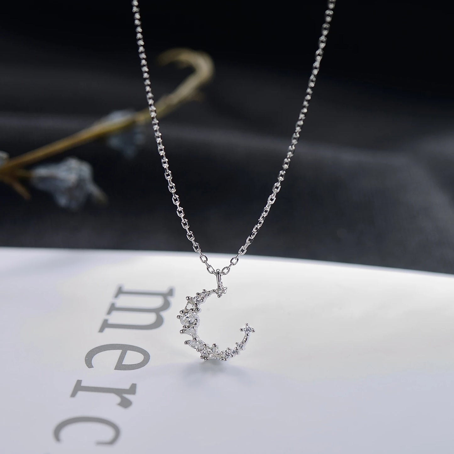 Collar con colgante de luna irregular de plata de ley 925, joyería de plata de ley a la moda, collar con dije de circonita cúbica, cadena para mujer