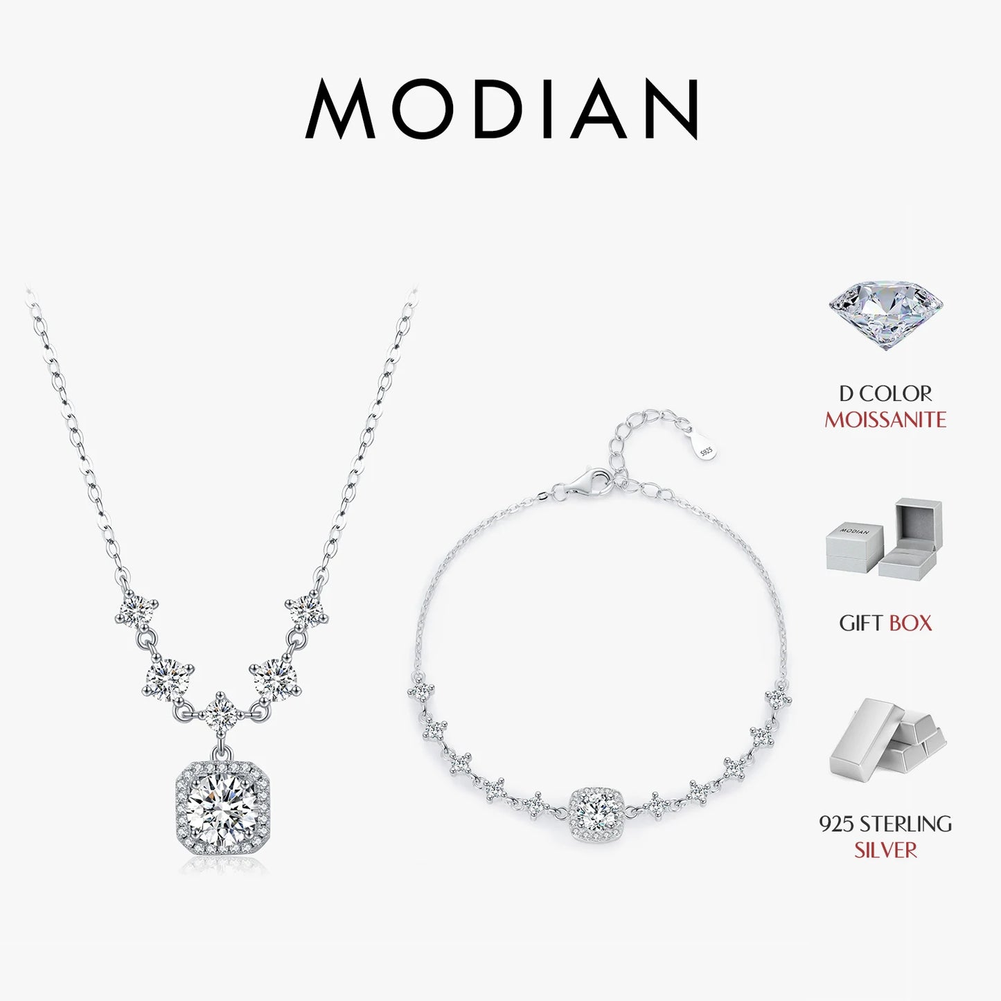 Collar y pulsera con dije geométrico de lujo de plata de ley 925 de moissanita color D de MODIAN para mujer, conjunto de joyas de boda con estilo