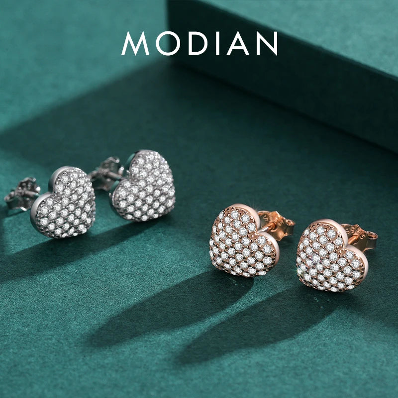 Pendientes MODIAN de plata de ley 925 con forma de corazón de amor para mujer, aretes de circonita cúbica transparente, joyería de boda