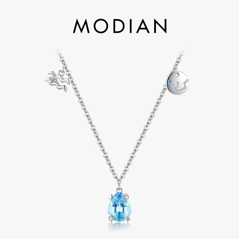 Collar Modian de plata de ley 925 auténtica con circonita azul marino y cadena de eslabones de la constelación de Acuario para mujer, joyería de fiesta.