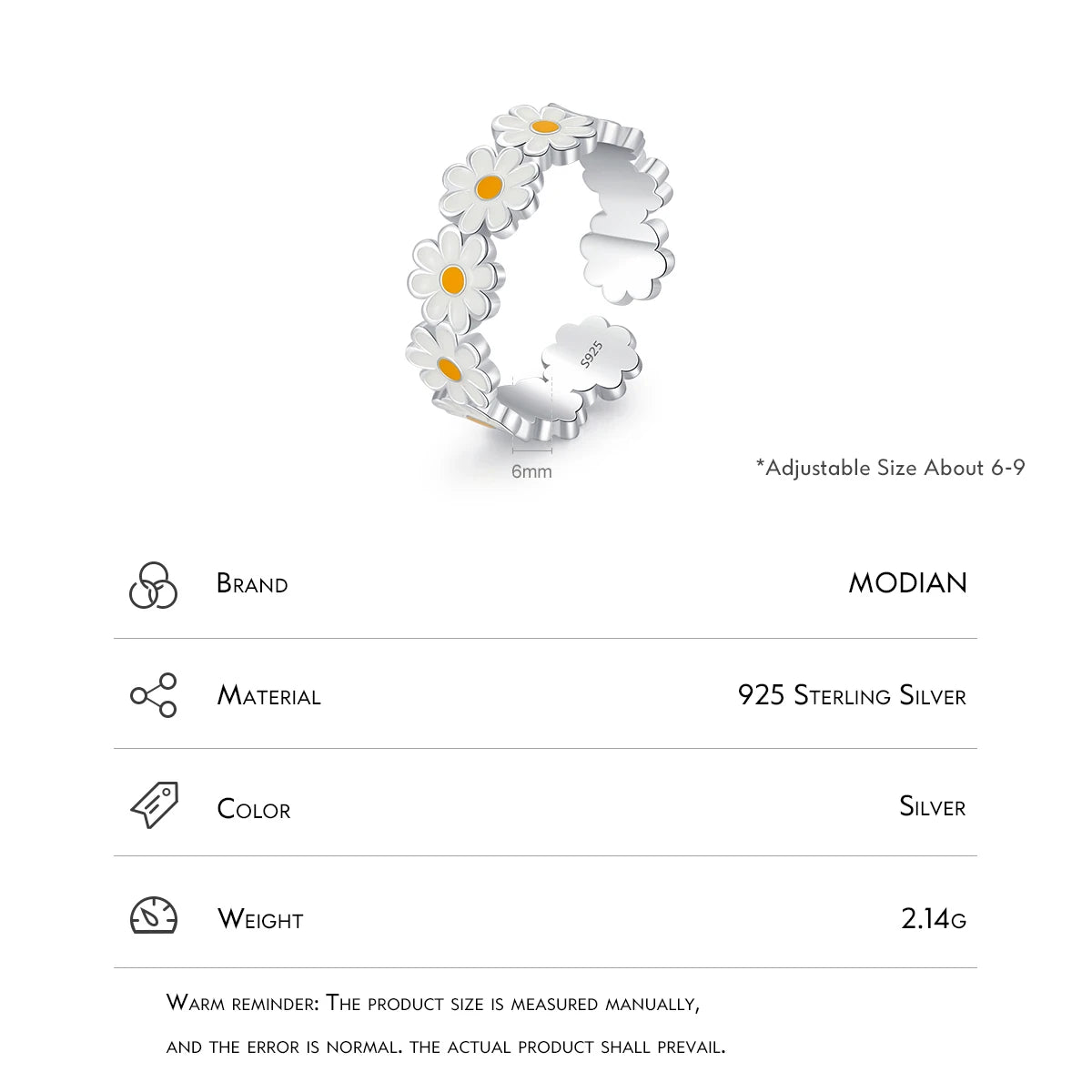 Anillo ajustable de lujo con diseño de margaritas y esmalte de plata esterlina 925 maciza de MODIAN para mujer, joyería fina para fiestas, regalo de cumpleaños