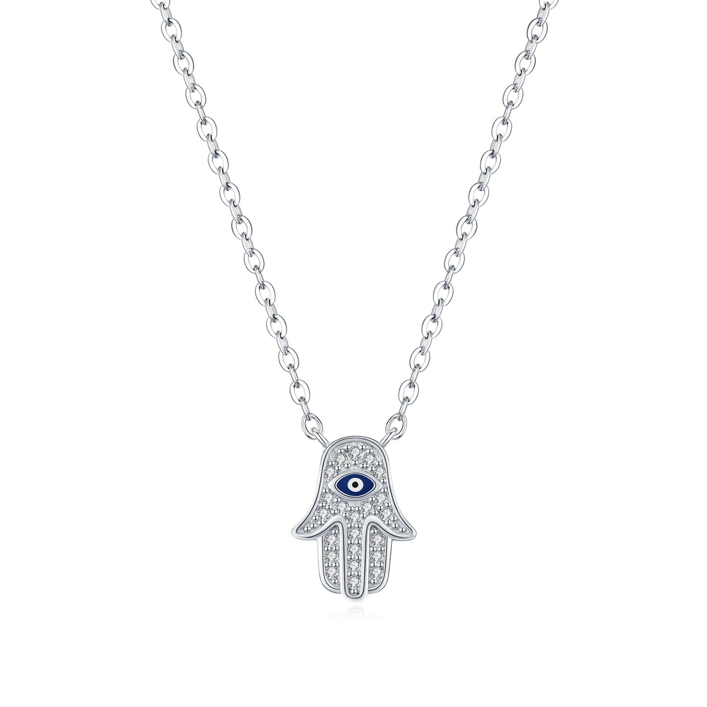 MODIAN 925 Sterling Silver Classic Full Zirconia Palm Pendant Necklace Charm Blue Enamel Eyes Link Chain For Women Jewelry