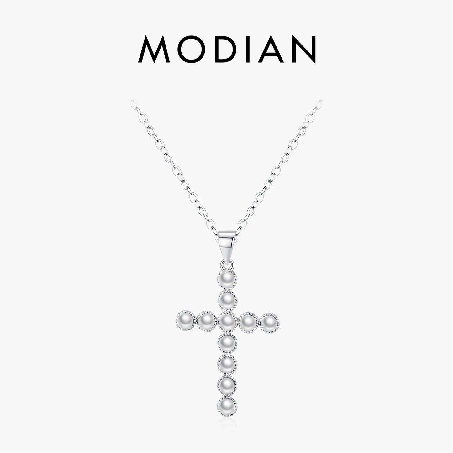 MODIAN 925 Sterling Silver Fancy Elegant Simulated Pearls Cross Pendant Necklace For Women Anniversary Fine Jewelry Gifts