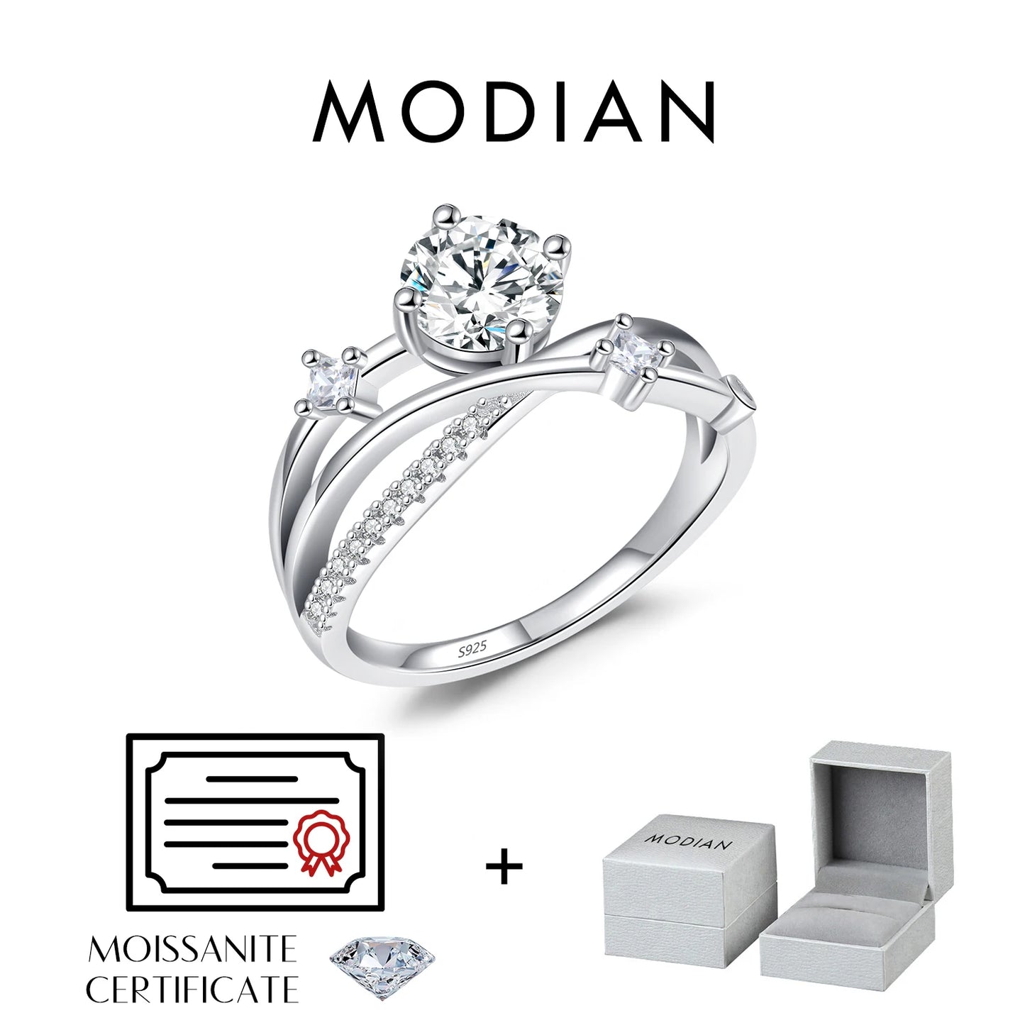 Anillo deslumbrante de moissanita MODIAN de 1 quilates con claridad VVS1 en plata de ley 925 con líneas multicapa para mujer, joyería de boda, regalos.