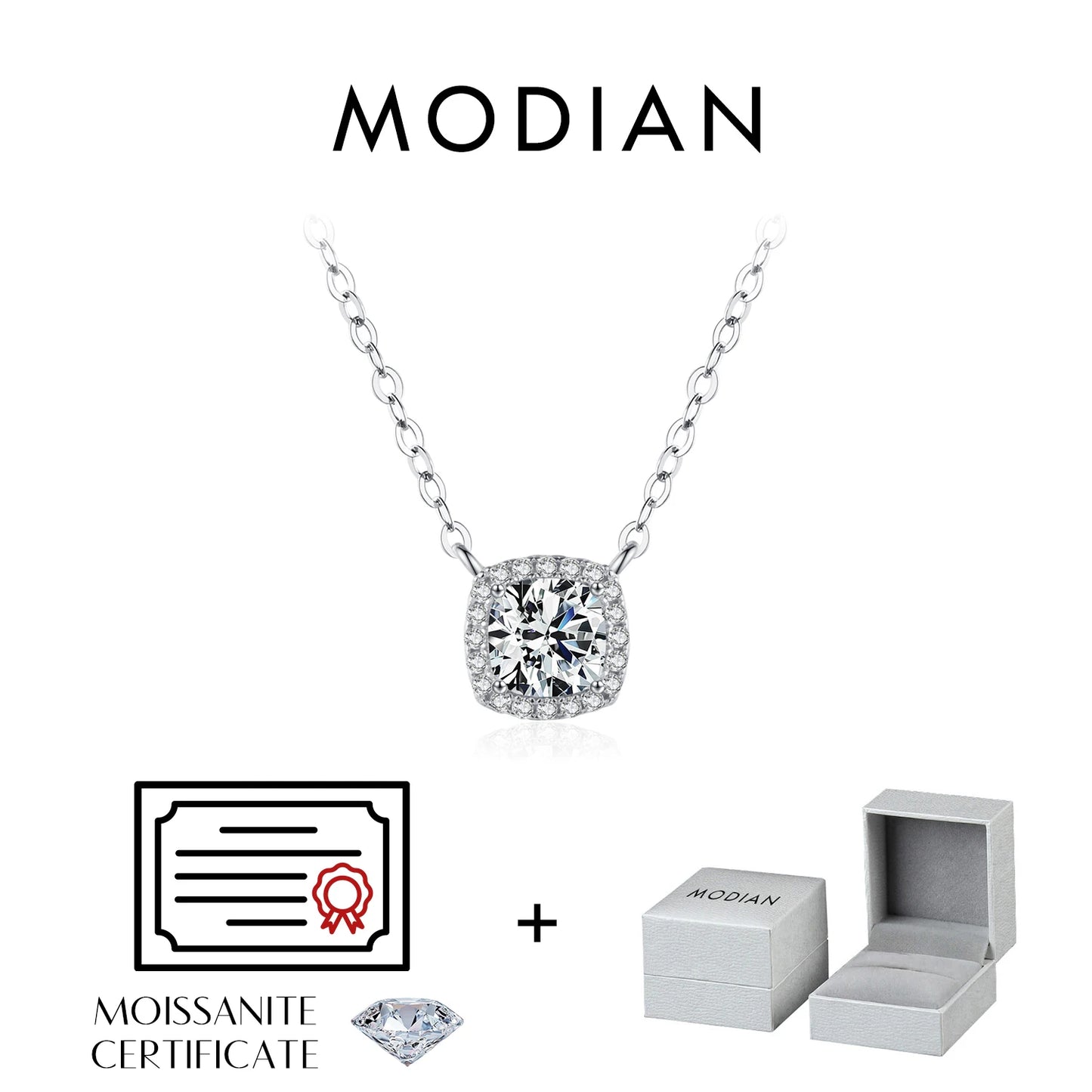 Collar con colgante de moissanita con halo de corte cojín cuadrado de 1 quilate de MODIAN para mujer, plata de ley 925, deslumbrante joyería nupcial para bodas.