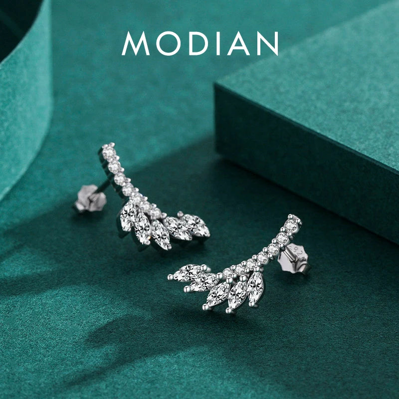 Pendientes MODIAN de plata de ley 925 con diseño de hojas de árbol para mujer, con circonita cúbica transparente, joyería fina, regalo de boda.