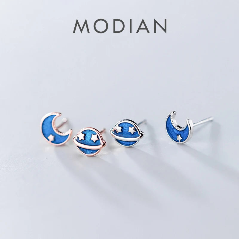Pendientes de plata de ley 925 con diseño de estrella y luna esmaltados de Modian, con diseño de galaxia azul y planeta, para mujer, ideal como joyería de fiesta o para bodas.