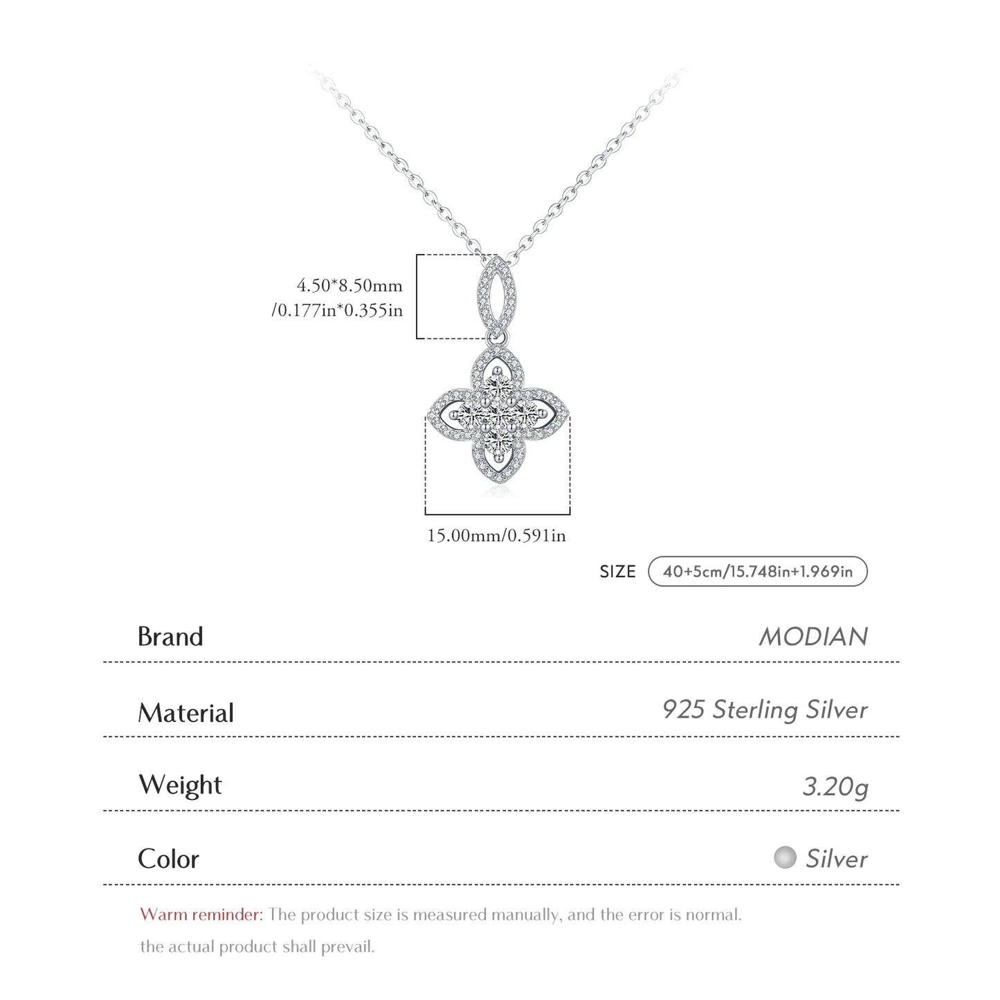Collar de cadena con eslabones de trébol de cuatro hojas y circonita cúbica brillante de MODIAN, colgante elegante de flor de plata de ley 925 para mujer, joyería