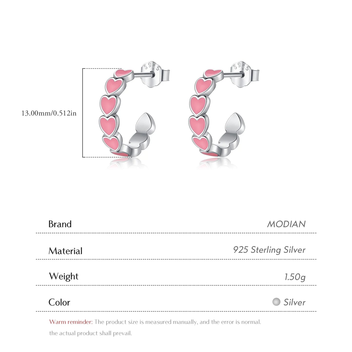 Pendientes MODIAN de plata de ley 925 con forma de C y corazones románticos, esmalte rosa, joyería de amor para mujeres y niñas.