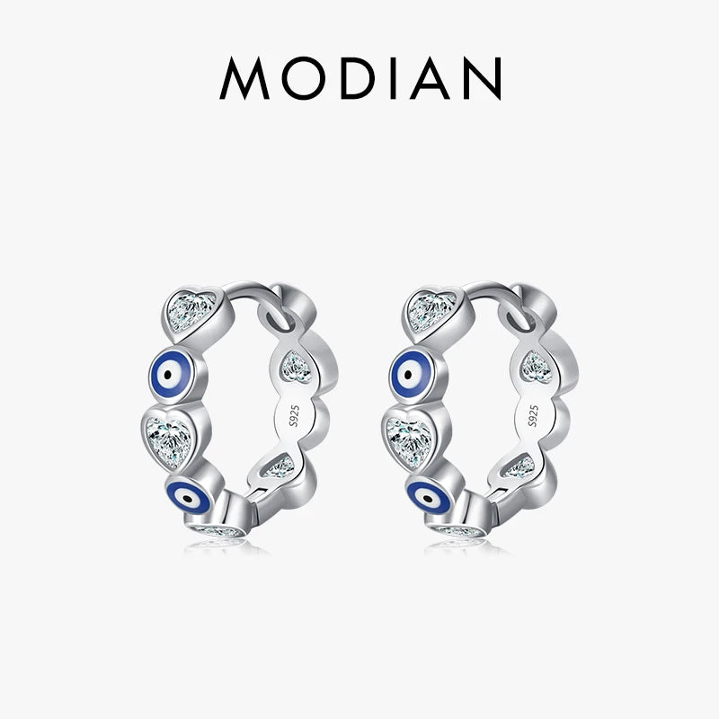 Modian 925 Sterling Silver Blue Enamel Eyes Charm Hoop Earrings Fashion Party Hearts Zircon Ear Buckle For Women Fine Jewelry